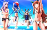  4girls animal_ears armpits arms_up ball beach beachball bikini blue_bikini blue_bow blue_eyes blue_hair blue_one-piece_swimsuit blue_sky blunt_bangs blush bow breasts closed_mouth cloud commentary_request day ear_bow ear_covers flat_chest full_body green_eyes grey_hair hairband heterochromia highres holding holding_ball holding_beachball horse_ears horse_girl horse_tail long_hair looking_at_another manman_(nicoseiga_273840) mejiro_mcqueen_(umamusume) multiple_girls ocean one-piece_swimsuit open_mouth orange_hair outdoors purple_bikini purple_eyes purple_hair silence_suzuka_(umamusume) sky small_breasts smile splashing standing swimsuit tail tamamo_cross_(umamusume) twin_turbo_(umamusume) twintails umamusume white_bikini white_hairband 