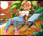 2026 5_fingers 6:5 absurd_res accessory activision anthro bandicoot beach beach_chair belt beverage big_breasts black_nose blonde_hair breasts clothed clothing cloud coco_bandicoot crash_bandicoot_(series) detailed_background ear_piercing eyebrows eyelashes eyewear eyewear_on_head female fingers footwear frown fully_clothed goggles goggles_on_head green_eyes hair hair_accessory hair_tie hi_res holding_beverage holding_object island long_hair looking_at_viewer mammal marsupial outside overalls palm_tree piercing plant ponytail randomgloves sand seaside shirt shoes sitting sky sneakers solo sun t-shirt thick_thighs topwear tree water white_clothing white_shirt white_t-shirt white_topwear wristband