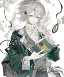  1boy ? bag belt bird black_bag black_pants book brown_belt closed_mouth commission contrast_lapels cowboy_shot dove expressionless geng_jingzhi_de_mao_pa_jia green_eyes green_jacket grey_hair grey_vest hair_between_eyes hair_ornament highres holding holding_book jacket lapels long_sleeves male_focus mihuashi_commission notched_lapels original pants pocket_watch shirt short_hair simple_background solo vest watch white_background white_bird white_shirt 