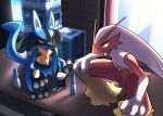 anthro black_body black_fur blaziken blue_body blue_eyes blue_fur candy crouching dessert duo food fur generation_3_pokemon generation_4_pokemon hair hi_res lollipop lucario male multicolored_body multicolored_fur netiel nintendo open_mouth pokemon pokemon_(species) red_body red_eyes red_fur white_hair yellow_body yellow_fur yellow_sclera