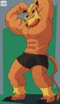 abs absurd_res anthro bandai_namco biceps black_nose blue_eyes briefs bulky claws clothing digimon digimon_(species) ear_piercing ear_ring felid flexing hi_res j450n2080 jewelry leomon lion male mammal muscular muscular_male necklace orange_body pantherine pecs piercing presenting ring_piercing simple_background solo tail tail_tuft tuft underwear