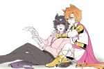  2girls :t absurdres animal_ears armor arms_around_neck asymmetrical_hair behind_another belt black_hair blush boots bracer cape closed_mouth collared_shirt commentary crossed_legs crown dress_shirt ear_ornament english_commentary female_trainer_(umamusume) from_side glasses gold_corset high_heel_boots high_heels highres holding holding_paper horse_ears horse_girl horse_tail hug hug_from_behind jacket jewelry leaning_back long_sleeves looking_at_another mochiwasabii multicolored_hair multiple_girls multiple_rings open_mouth orange_eyes orange_hair orange_tail pants paper pink_cape pink_shirt purple_eyes purple_hair ring round_eyewear shirt short_hair shoulder_armor sitting skirt smile t.m._opera_o_(o_sole_suo!)_(umamusume) t.m._opera_o_(umamusume) tail thighhighs tilted_headwear trainer_(umamusume) two-tone_hair two-tone_skirt umamusume white_thighhighs wing_collar 