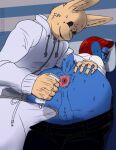 animal_hospital_(roblox) anthro anus backsack balls blue_body blue_fur bodily_fluids bottomwear bulge butt butt_grab clothing duo ears_down erection erection_under_bottomwear erection_under_clothing eyewear fur genital_fluids genitals glasses hair hand_on_butt hi_res hoodie intern_(animal_hospital) lagomorph leaking_precum leporid looking_at_another looking_back male male/male mammal ointment pants pivoted_ears precum precum_stain precum_string presenting presenting_anus rabbit red_hair roblox ron_from_accounting_(animal_hospital) spread_butt spreading sweat tenting topwear usuario2 yellow_body yellow_fur
