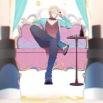 1boy black_pants blonde_hair commentary_request couch cup dramatical_murder drinking_glass figure_four_sitting full_body glasses highres holding holding_cup male_focus miemia on_couch pants short_hair simple_background sitting solo tongue tongue_out trip_(dramatical_murder) white_background wine_glass 