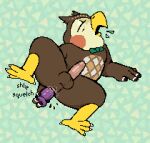 2026 4_fingers 4_toes anal anal_fluids anal_fluids_on_sex_toy anal_penetration animal_crossing anthro avian avian_feet balls beak belly bird blathers_(animal_crossing) bleu_cheese_(artist) bodily_fluids bow_tie bow_tie_only brown_balls brown_body brown_feathers cheek_spots digital_drawing_(artwork) digital_media_(artwork) dildo dildo_insertion erection eyes_closed feather_hands feathers feet fingers genitals hand_on_ground head_feathers hi_res holding_dildo holding_object holding_sex_toy humanoid_genitalia humanoid_penis ibispaint_(artwork) lying male male_anthro mostly_nude nintendo nubbed_dildo object_in_ass on_side onomatopoeia open_beak open_mouth overweight overweight_anthro overweight_male owl pattern_background penetration penis plumicorns purple_dildo raised_leg sex_toy sex_toy_in_ass sex_toy_insertion simple_background solo sound_effects spread_legs spreading talons text toes yellow_feet