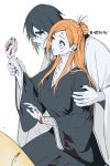  1boy 1girl absurdres black_hair black_kimono black_nails bleach blood blood_on_clothes blood_on_face blood_on_hand breasts eubneung10571 facial_mark green_eyes hair_behind_ear hair_between_eyes hair_bun half_updo hand_on_another's_arm hetero highres holding_another's_wrist inoue_orihime japanese_clothes kimono kneeling large_breasts medium_hair nail_polish orange_eyes orange_hair parted_bangs parted_lips sweatdrop ulquiorra_cifer white_background white_kimono 