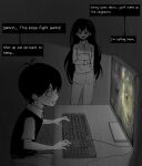  antenna_hair black_hair computer computer_keyboard dark_room english_text groal_the_great_(hollow_knight) highres hollow_knight hollow_knight:_silksong hornet_(hollow_knight) jayfonzil mari_(faraway)_(omori) mari_(omori) omori pajamas pillow playing_games sunny_(omori) sweat 