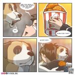 1:1 4_panel_comic ambiguous_gender ambiguous_species anthro black_hair bodily_fluids bugs_bunny_no canid canine canis chicken_meat clothing comic dialogue digital_drawing_(artwork) digital_media_(artwork) dog_closing_eyes_in_sunset domestic_dog duo eijie_nutz emanata english_text eyes_closed eyewear feral food fried_chicken glasses good_boy hair hi_res holding_food holding_object hoodie hug hugging_another human jollibee looking_at_another male mammal meat meme narrowed_eyes open_mouth photo short_hair snout speech_bubble tears text topwear wearing_glasses