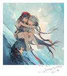  2girls absurdres animal_on_shoulder bare_legs barefoot border braid carrying carrying_person cat closed_mouth cloud collared_shirt crescent dress emoticon grey_dress grey_eyes happy_birthday highres kaomoji legs long_hair looking_at_another multiple_girls original pointy_ears red_eyes red_hair shirt signature sky smile standing thighs toes very_long_braid wading water white_border white_shirt yuri zhenjiuzi 