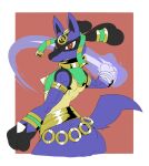 2022 anthro aura butt clothing fangs fur generation_4_pokemon half-length_portrait head_turned hi_res holowear_(pokemon) jewelry looking_at_viewer lucario male nintendo open_mouth pokemon pokemon_(species) pokemon_unite portrait reagan700 ruins_style_lucario solo spikes spikes_(anatomy) tail teeth