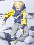  1boy angry artbyolvr backpack bag belt blonde_hair blue_eyes blue_hoodie blue_jacket blue_leg_warmers boots boruto:_naruto_next_generations boruto:_two_blue_vortex boruto_(series) cloud commentary covered_mouth english_commentary grey_pants grey_shorts highres hood hoodie jacket konohagakure_symbol leg_warmers messy_hair naruto_(series) open-toe_boots pale_skin pants shorts smoke solo solo_focus spiked_hair yamanaka_inojin yellow_sleeves 