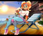 2026 5_fingers 6:5 absurd_res accessory activision anthro bandicoot beach beach_chair belt beverage big_breasts black_nose blonde_hair breasts clothed clothing cloud coco_bandicoot crash_bandicoot_(series) detailed_background ear_piercing eyebrows eyelashes eyewear eyewear_on_head female fingers footwear frown fully_clothed goggles goggles_on_head green_eyes hair hair_accessory hair_tie hi_res holding_beverage holding_object island long_hair looking_at_viewer mammal marsupial outside overalls palm_tree piercing plant ponytail randomgloves sand screencap screencap_background seaside shirt shoes sitting sky sneakers solo sun t-shirt thick_thighs topwear tree water white_clothing white_shirt white_t-shirt white_topwear wristband