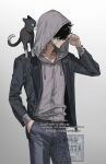  1boy amamiya_ren animal_on_shoulder bandage_on_cheek bandaid bandaid_on_neck black_hair black_jacket blazer cat cat_on_shoulder collarbone cowboy_shot gradient_background grey_jacket hand_in_pocket highres hood hood_up hooded_jacket jacket kitsune_(ly_howe) layered_sleeves long_sleeves male_focus morgana_(cat)_(persona_5) morgana_(persona_5) pants persona persona_5 playing_with_own_hair profile short_hair standing tuxedo_cat twitter_username watermark 