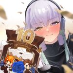  1boy 2girls black_bodysuit black_gloves blue_flower blue_rose blush bodysuit cake commentary_request fate/grand_order fate_(series) flower food fujimaru_ritsuka_(female) fujimaru_ritsuka_(female)_(fgo_fes._2025) fujimaru_ritsuka_(male) fujimaru_ritsuka_(male)_(fgo_fes._2025) giant giantess gimp_suit gloves highres kingprotea_(fate) latex latex_bodysuit looking_at_viewer multiple_girls orange_hair purple_eyes purple_hair rose smile toumokorosi_01 vest xochitonal_(fate) yellow_eyes 