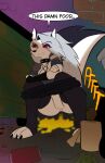 alley alternative_fashion anthro anus bottomwear bottomwear_down canid canid_demon canine choker clothed clothing collar crouching demon ear_piercing english_text fart fart_cloud fart_fetish female fur gaap genitals grey_hair hair hellaverse hellhound helluva_boss hi_res jewelry loona_(helluva_boss) mammal mythological_canine mythological_creature mythology necklace onomatopoeia partially_clothed piercing pooping red_sclera shorts shorts_down solo sound_effects spiked_collar spikes text toilet_paper vulva white_body white_eyes white_fur