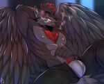 000atanerriaper000 2022 anthro bulge canid canine canis cigar cigar_in_mouth cigar_smoke eyebrows feathered_wings feathers fox fur hybrid looking_at_viewer male mammal muscular muscular_anthro muscular_male nipples object_in_mouth red_eyes smile smiling_at_viewer smoke smoking smoking_cigar solo teeth teeth_showing wings wolf xuill_karasuga