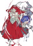  1boy 2girls battle_damage black_keys_(type-moon) blood blood_from_mouth blood_on_face blue_eyes blue_hair ciel_(tsukihime) collared_shirt cosplay curtained_hair evil_grin evil_smile floating_hair glaring grin hairband highres holding holding_weapon long_hair long_skirt messy_hair michael_roa_valdamjong michael_roa_valdamjong_(cosplay) multiple_girls numuhe official_alternate_costume one_eye_closed possessed puffy_short_sleeves puffy_sleeves red_hair red_skirt robe scene_reference shade sharp_teeth shirt shoes short_sleeves sidelocks skirt smile socks sweat teeth tohno_akiha tohno_shiki_(original) tsukihime vampire vermillion_akiha wavy_hair weapon white_hair wing_collar 
