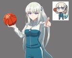  1girl absurdres alternate_costume ball basketball_(object) blue_eyes blue_jacket blue_pants braid breasts chibi closed_mouth commentary_request cowboy_shot fate/grand_order fate_(series) grey_background grey_hair half_up_braid highres holding holding_ball jacket long_hair long_sleeves looking_at_viewer meme mikky_dksla morgan_le_fay_(fate) morgan_le_fay_(fgo_fes._2026)_(fate) multicolored_hair multicolored_jacket official_art_inset outstretched_arm pants pointing ponytail reference_inset riyo_(lyomsnpmp) sidelocks simple_background solo sportswear track_suit two-tone_hair two-tone_jacket very_long_hair whistle white_hair 