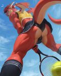 anthro ball biped bottomwear bulge bulge_from_behind butt claws clothed clothing crop_top crossdressing detailed_bulge dragon ear_piercing footwear genital_outline hi_res horn looking_back male male_anthro muscular muscular_anthro muscular_male mythological_creature mythological_scalie mythology panties penis_outline piercing presenting presenting_hindquarters scalie shirt skimpy skirt sky socks solo sport sports_uniform tagonkrat tail tail_under_skirt tennis tennis_ball tennis_racket topwear underwear wings