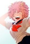  ^_^ ^o^ absurdres arm_up ashido_mina boku_no_hero_academia breasts closed_eyes commentary_request facing_viewer happy highres horns medium_breasts open_mouth pink_hair pink_skin pleated_skirt school_uniform serafuku short_hair short_sleeves simple_background skirt smile solo teeth upper_body white_background yuu_yuugekisyu 