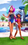  2018 camel_toe clothing cloud darkhazard detailed_background digital_media_(artwork) duo feet female friendship_is_magic hair hi_res horn humanoid long_hair multicolored_hair my_little_pony navel one-piece_swimsuit open_mouth outside poolside princess_celestia_(mlp) princess_luna_(mlp) swimsuit towel wings young 