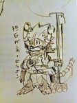  anthro armor claws dragon drum_(buddyfight) hair hatake helmet ill japanese japanese_text male pipes sad sketch solo text traditional_media_(artwork) translation_request 