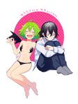  1girl :d ^_^ ahoge barefoot bikini black_hair blush breasts closed_eyes commentary_request demon_girl fang fuji_fujino green_hair midriff navel o-ring o-ring_bottom open_mouth pointy_ears small_breasts smile succubus swimsuit wings yuuutsu-kun_to_succubus-san 