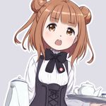  beatrice_(princess_principal) blush bow brown_eyes brown_hair carrying commentary_request corset cup double_bun grey_background kyak_bamboo open_mouth princess_principal saucer school_uniform short_hair solo tea_set teacup teapot underbust upper_body 