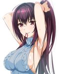  blue_sweater blush breasts fate/grand_order fate_(series) long_hair looking_at_viewer medium_breasts meme_attire mouth_hold pink_eyes ponytail purple_hair scathach_(fate)_(all) scathach_(fate/grand_order) sideboob simple_background solo sweater teeth tying_hair upper_body virgin_killer_sweater white_background yusukesan 