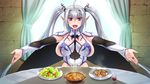  1girl aoi_nagisa_(artist) aoi_nagisa_(metalder) breasts elf female food game_cg huge_breasts light_blue_hair long_hair phyllis_hagerhelm pointy_ears red_eyes silver_hair smile solo table twintails very_long_hair youkoso!_sukebe_elf_no_mori_he 