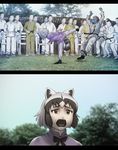  animal_ears black_hair brown_eyes bruce_lee cerulean_(kemono_friends) chromatic_aberration commentary common_raccoon_(kemono_friends) day dougi enter_the_dragon grey_hair highres kemono_friends martial_arts movie_reference multicolored_hair multiple_boys open_mouth outdoors parody raccoon_ears raccoon_tail short_hair short_sleeves tail ueyama_michirou 