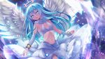  :o angel_wings aqua_eyes aqua_hair arm_warmers bangs bracelet breasts glowing halo highres jewelry long_hair looking_at_viewer midriff navel original scarf see-through small_breasts solo spread_wings stomach white_feathers white_wings wings yatsuki_yura 