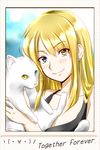  &gt;:) black_shirt blonde_hair blue_eyes blush cat closed_mouth collarbone commentary_request emoticon english eyebrows_visible_through_hair hair_between_eyes head_tilt heterochromia highres holding holding_cat long_hair looking_at_viewer original shirt smile suzuki-shi upper_body v-shaped_eyebrows white_cat yellow_eyes 