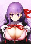  :&gt; bangs bb_(fate)_(all) bb_(fate/extra_ccc) blush bra breasts cleavage closed_mouth eyebrows_visible_through_hair fate/extra fate/extra_ccc fate_(series) gloves hair_ribbon kurikara large_breasts long_hair looking_at_viewer pink_bra purple_eyes purple_hair red_ribbon ribbon smile solo underwear very_long_hair white_gloves 
