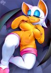  2017 anthro bat black_nose blue_eyes boots breasts clothing english_text eyeshadow female footwear fur hi_res krokobyaka lipstick makeup mammal mostly_nude naughty_face navel nipples pussy rouge_the_bat solo sonic_(series) text video_games white_fur wings 