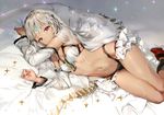  absurdres altera_(fate) anmi arms_up bed_sheet black_legwear breasts cleavage dark_skin detached_sleeves fate/extra fate/grand_order fate_(series) grey_hair highres huge_filesize long_hair looking_at_viewer lying midriff nail_polish navel on_side red_eyes revealing_clothes scan sheet_grab small_breasts solo sparkle tattoo veil 