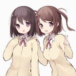  bangs black_hair breasts brown_eyes brown_hair cardigan commentary_request eyebrows_visible_through_hair hand_on_another's_shoulder hands_up highres itsumi_(itumiyuo) looking_at_viewer medium_breasts mizuhara_hayari multiple_girls open_mouth purple_eyes saki shinohayu_the_dawn_of_age shiratsuki_shino short_hair simple_background sleeves_past_wrists smile tareme two_side_up upper_body v white_background 