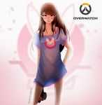  :3 adapted_costume animal_print arm_at_side arm_behind_back artist_name bangs bare_legs brown_eyes brown_hair bunny_print closed_mouth collarbone copyright_name cowboy_shot d.va_(overwatch) emblem eyebrows_visible_through_hair eyelashes facepaint gun handgun holding holding_gun holding_weapon logo long_hair looking_at_viewer overwatch pink_lips ragelaz shirt short_sleeves smile solo standing v-shaped_eyebrows weapon whisker_markings 