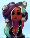  2017 beauty_mark big_breasts blue_background breasts cleavage clothed clothing eyelashes eyes_closed female first_person_view headphones imminent_kiss marina_(splatoon) mataknight nintendo octoling outta_sync simple_background solo splatoon tentacle_hair tentacles video_games 