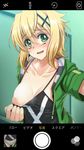  akatsuki_kirika arm_up blonde_hair blush breast_slip breasts collarbone flashing from_above green_eyes hair_ornament hairclip hood hoodie indoors large_breasts looking_to_the_side nipples no_pants one_breast_out open_clothes open_hoodie open_mouth panties phone_screen raised_eyebrows reaching_out self_shot senki_zesshou_symphogear shirt_pull short_hair shunzou smile solo striped striped_panties sweat thighhighs underwear viewfinder 