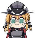  anchor_hair_ornament anger_vein aqua_eyes bkub_(style) black_ribbon blonde_hair chibi hair_ornament hat iron_cross kantai_collection low_twintails military military_hat military_uniform peaked_cap poptepipic popuko prinz_eugen_(kantai_collection) ribbon twintails uniform yuuki_shishin 