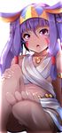  :o animal_ears bad_id bad_pixiv_id bangs bare_shoulders barefoot blush bracelet chestnut_mouth collarbone commentary_request dark_skin earrings egyptian facial_mark fate/grand_order fate_(series) feet foreshortening glitter gold hairband highres hoop_earrings jackal_ears jewelry long_hair looking_at_viewer navel nitocris_(fate/grand_order) open_mouth purple_eyes purple_hair sidelocks soles solo stomach toes v-shaped_eyebrows very_long_hair wada_kazu 