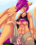  2016 absurd_res aged_up amorenero anthro anthrofied areola blush breasts clothed clothing equine feathered_wings feathers female friendship_is_magic hair hi_res looking_at_viewer mammal my_little_pony navel nipples one_eye_closed outside pegasus pussy scootaloo_(mlp) solo torn_clothing wardrobe_malfunction wings 