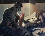 2017 abs anal anal_fingering anthro aolun_(character) balls bed biceps big_balls black_fur black_penis black_stripes blue_hair chest_tuft chunie detailed_background digital_media_(artwork) duo erection eyes_closed fangs feline fingering fur glans hair hi_res humanoid_penis hyper hyper_penis kneeling lying male male/male mammal mirror muscular muscular_male navel nude on_back on_bed partially_retracted_foreskin pecs penis pillow precum precum_drip retracted_foreskin saber-toothed_cat sabertooth_(feature) sex sleep_sex sleeping smile spread_legs spreading striped_fur stripes teeth tiger tuft uncut vein veiny_penis white_fur white_tiger window 