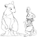  black_and_white cloak clothing duo ear_piercing eyelashes female mammal mcsweezy monochrome mouse piercing rat rodent semi-anthro size_difference staff sweat sweatdrop 