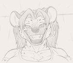  2017 anthro big_breasts breasts bust_portrait cleavage clothed clothing ear_piercing female fur greyscale grin hyena jenna_kutu looking_at_viewer mammal monochrome piercing portrait sketch smile solo spots spotted_fur spotted_hyena 