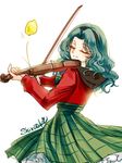  bishoujo_senshi_sailor_moon food fruit green_hair green_skirt headband instrument kaiou_michiru lemon long_hair mugen_gakuen_school_uniform music playing_instrument red_shirt school_uniform serafuku shirataki_kaiseki shirt signature skirt smile solo violin 