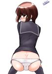  ass blush cameltoe hat highres kantai_collection looking_back mochizuki_kazuto panties red_eyes red_hair simple_background solo thighhighs underwear white_background white_panties z3_max_schultz_(kantai_collection) 
