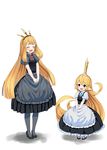  :d ^_^ absurdly_long_hair apron aqua_ribbon bangs black_apron black_dress black_footwear black_legwear black_shirt blue_eyes blunt_bangs blush cagliostro_(granblue_fantasy) charlotta_fenia closed_eyes commentary_request crown dress frilled_apron frills full_body granblue_fantasy hairband harvin height_difference high_heels long_hair mary_janes multiple_girls neck_ribbon o_(rakkasei) open_mouth own_hands_together pantyhose pigeon-toed pointy_ears puffy_short_sleeves puffy_sleeves red_ribbon ribbon shirt shoes short_sleeves simple_background smile spaghetti_strap standing v_arms very_long_hair waist_apron waitress white_apron white_background white_legwear white_shirt 