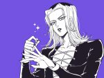  1boy cosmetics hat jojo_no_kimyou_na_bouken leone_abbacchio long_hair makeup_brush male_focus manicure nail_polish painting_nails pectoral_cleavage pectorals plunging_neckline sempon_(doppio_note) solo sparkle vento_aureo 